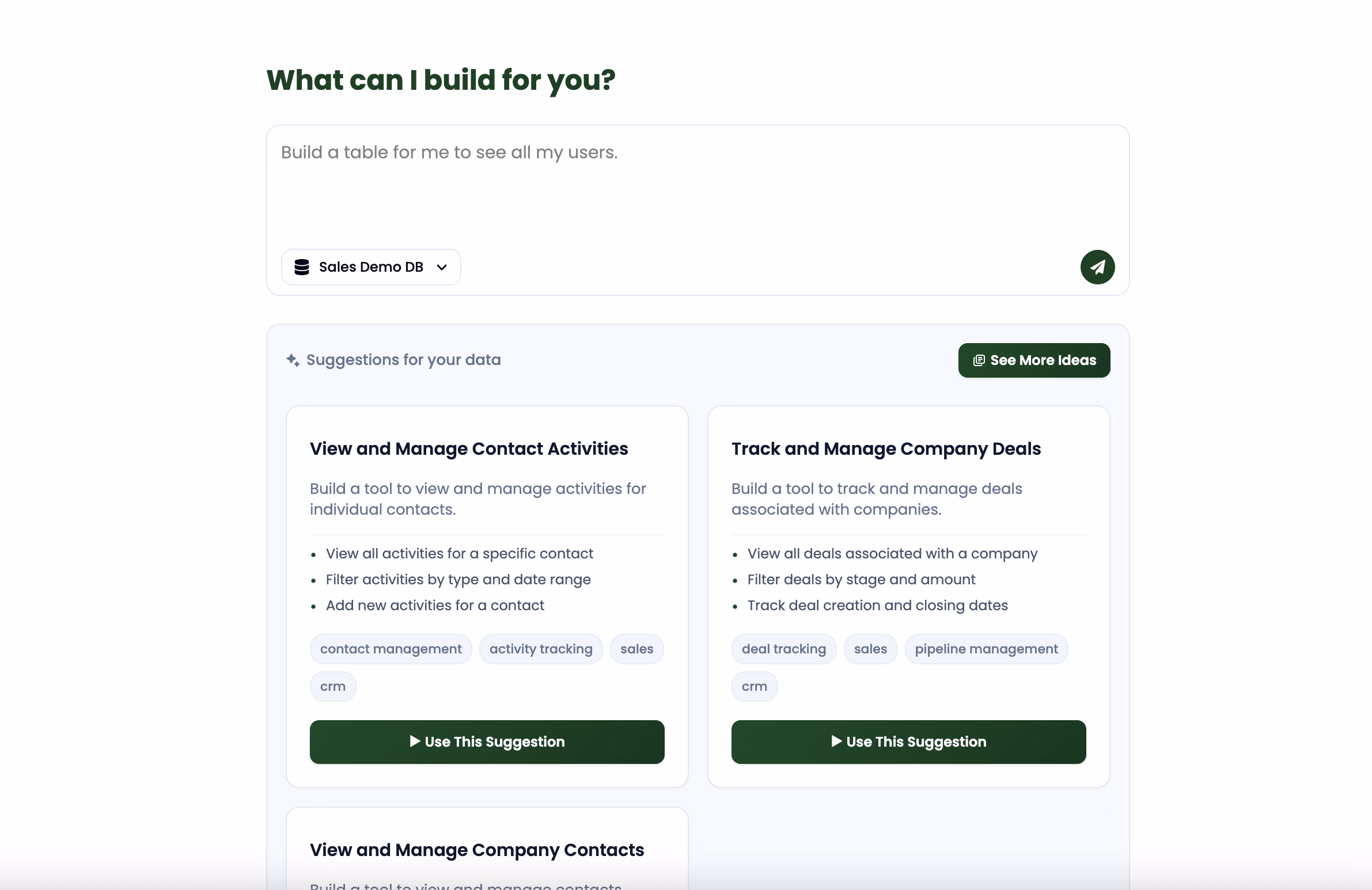 screenshot of Olive dashboard showing improved tool suggestions