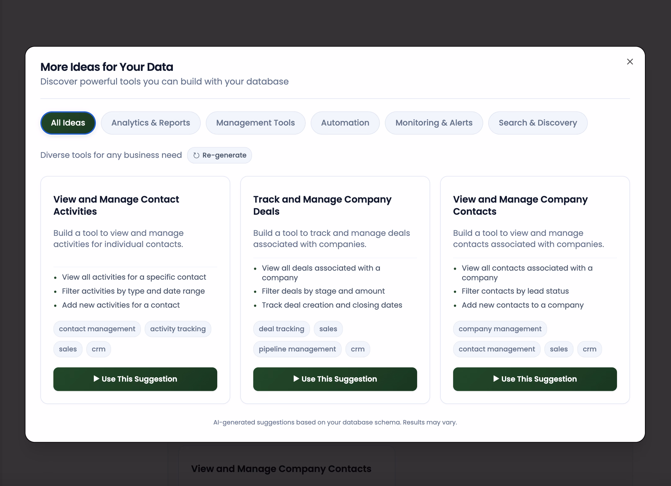 screenshot of Olive dashboard showing expanded tool suggestions