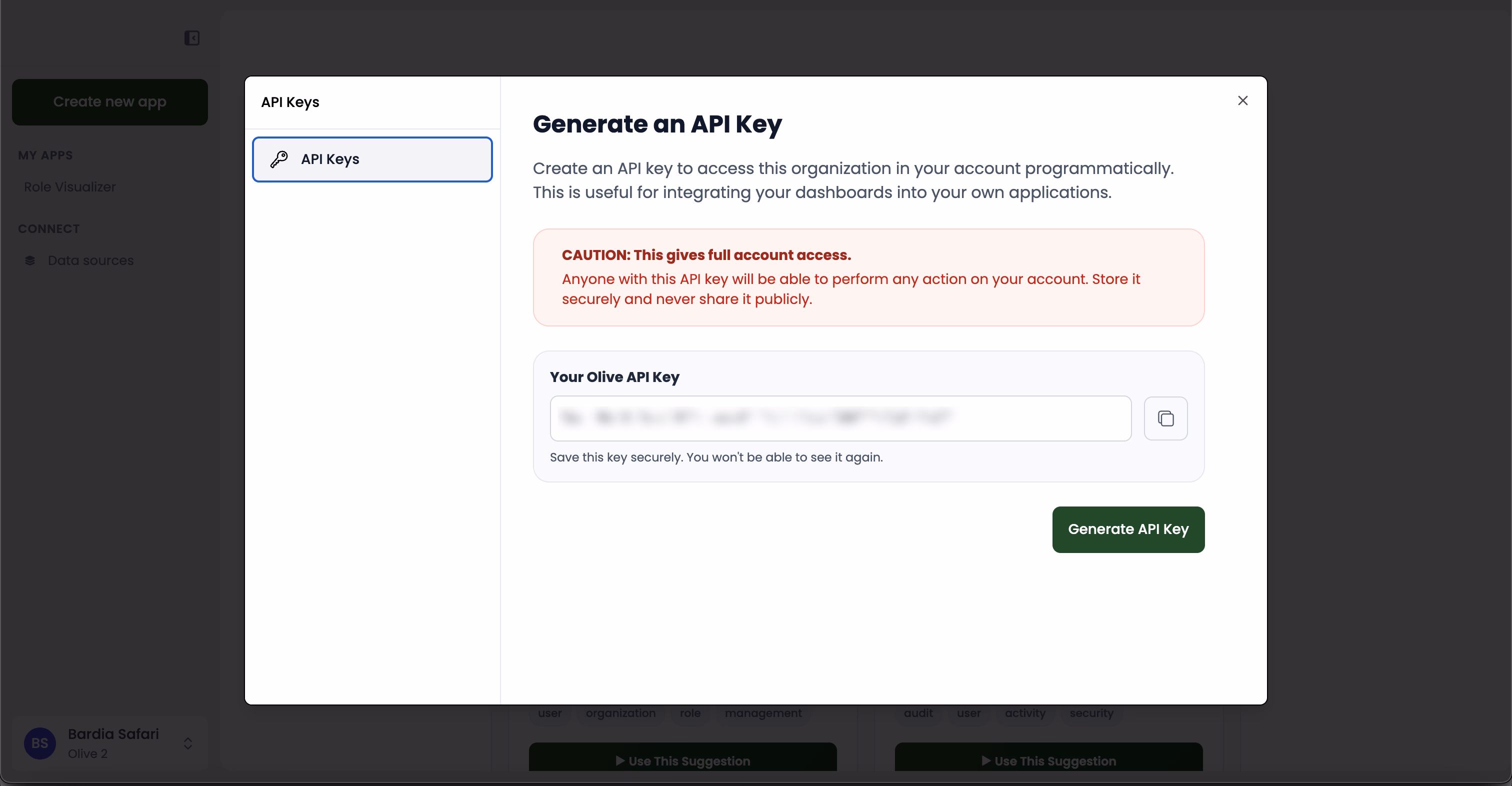 screenshot of API key generation menu